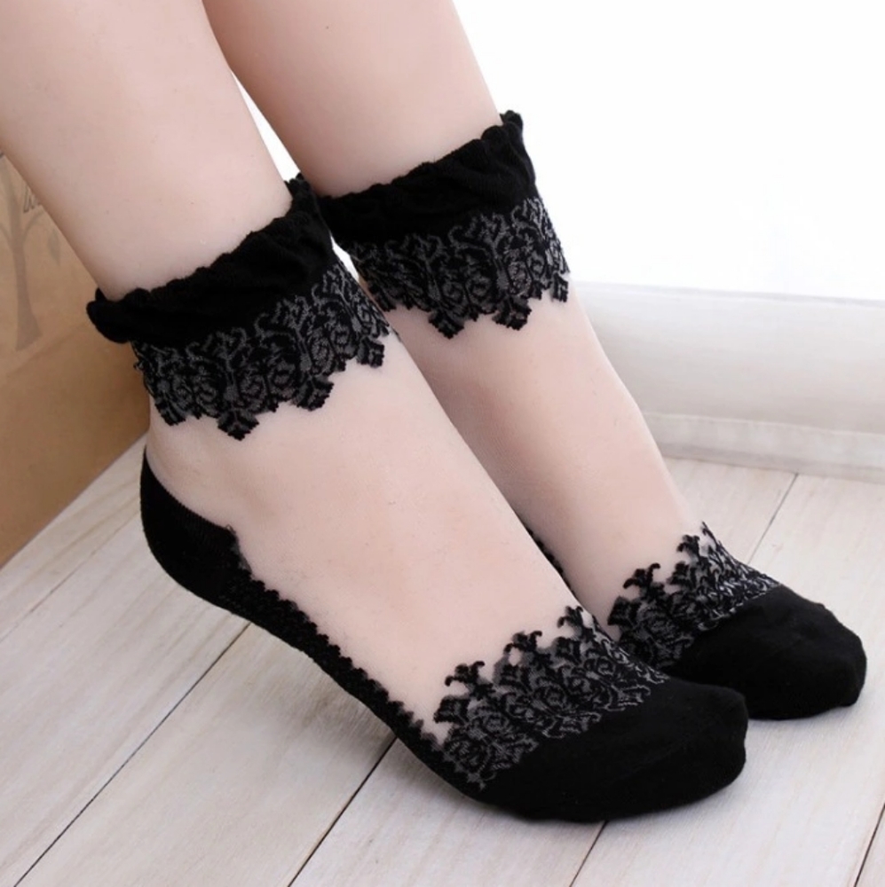 🎃🕸️ Wednesday Adams Style Sheer Embroidered Lace Socks - Picture 8 of 8